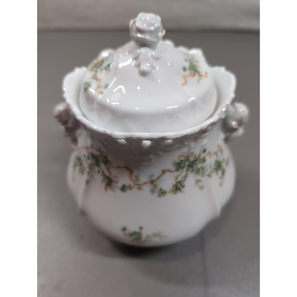 Antique Hermann Ohme Eglantine Porcelain Covered Sugar Bowl Germany Floral Gold - Picture 4 of 13
